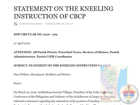 Chancery Paranaque – STATEMENT ON THE KNEELING INSTRUCTION OF CBCP