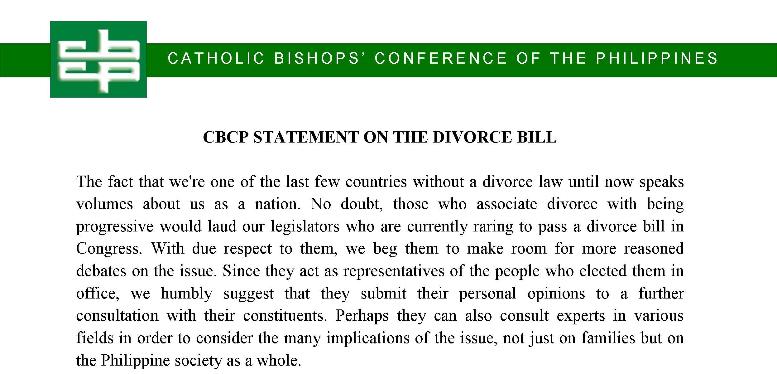 CBCP STATEMENT ON THE DIVORCE BILL