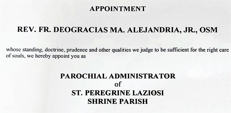 Rev Fr Deogracias Ma Alejandria, OSM Appointed Parish Administrator of St. Peregrine Parish